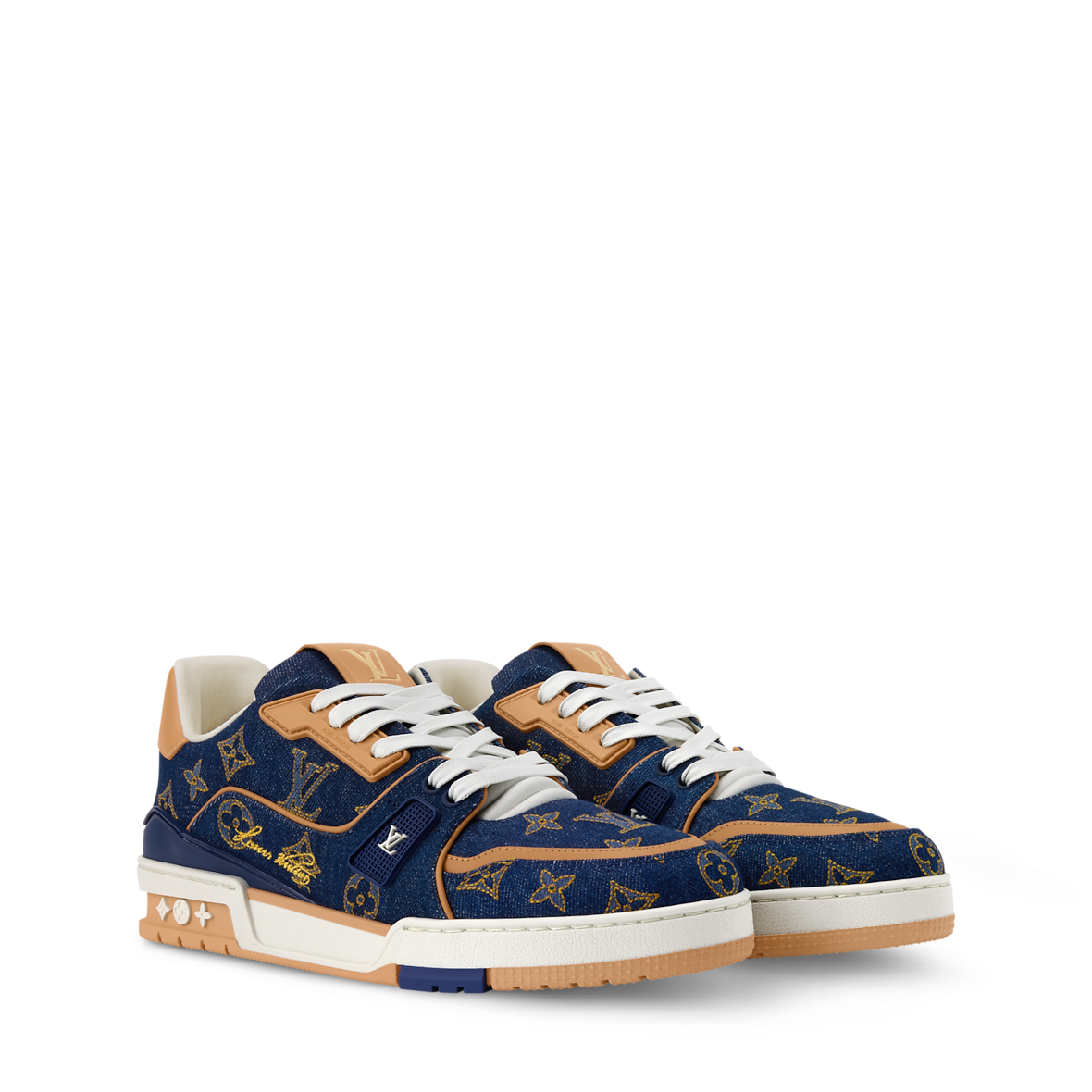LOUIS VUITTON DENIM TRAINERS ‘CALF LEATHER TRIM’ FULLY BOXED