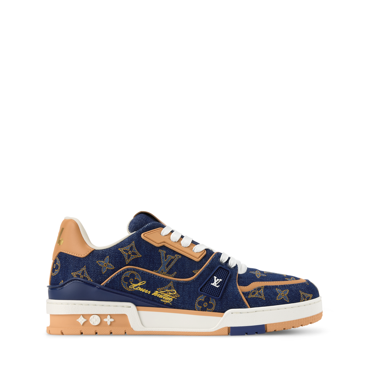 LOUIS VUITTON DENIM TRAINERS ‘CALF LEATHER TRIM’ FULLY BOXED