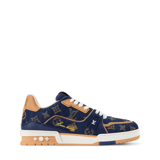 LOUIS VUITTON DENIM TRAINERS ‘CALF LEATHER TRIM’ FULLY BOXED