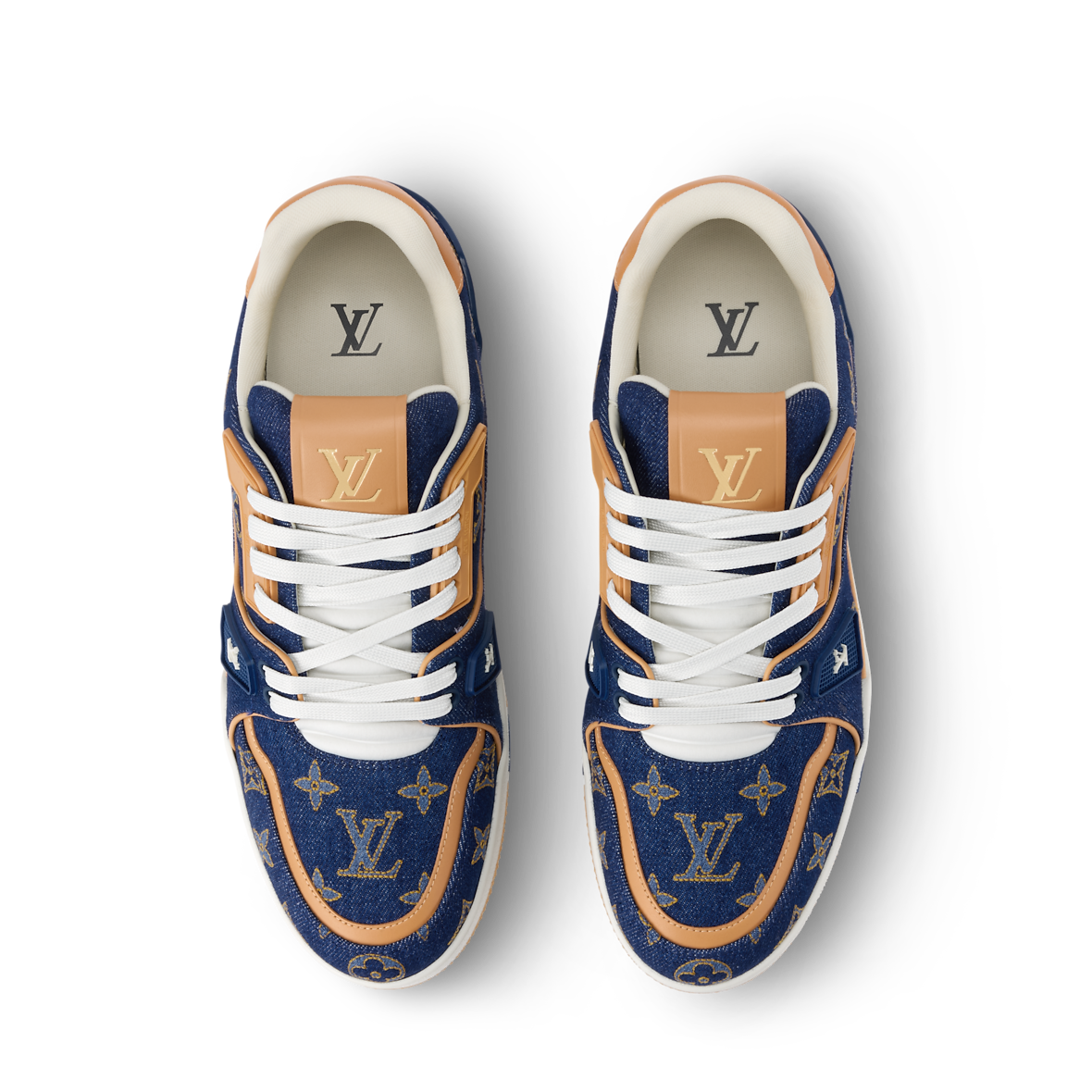LOUIS VUITTON DENIM TRAINERS ‘CALF LEATHER TRIM’ FULLY BOXED