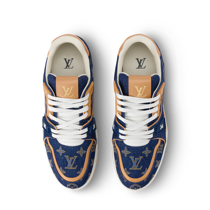 LOUIS VUITTON DENIM TRAINERS ‘CALF LEATHER TRIM’ FULLY BOXED