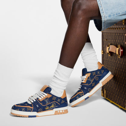 LOUIS VUITTON DENIM TRAINERS ‘CALF LEATHER TRIM’ FULLY BOXED